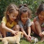 Crianças brincando com animais domésticos no quintal