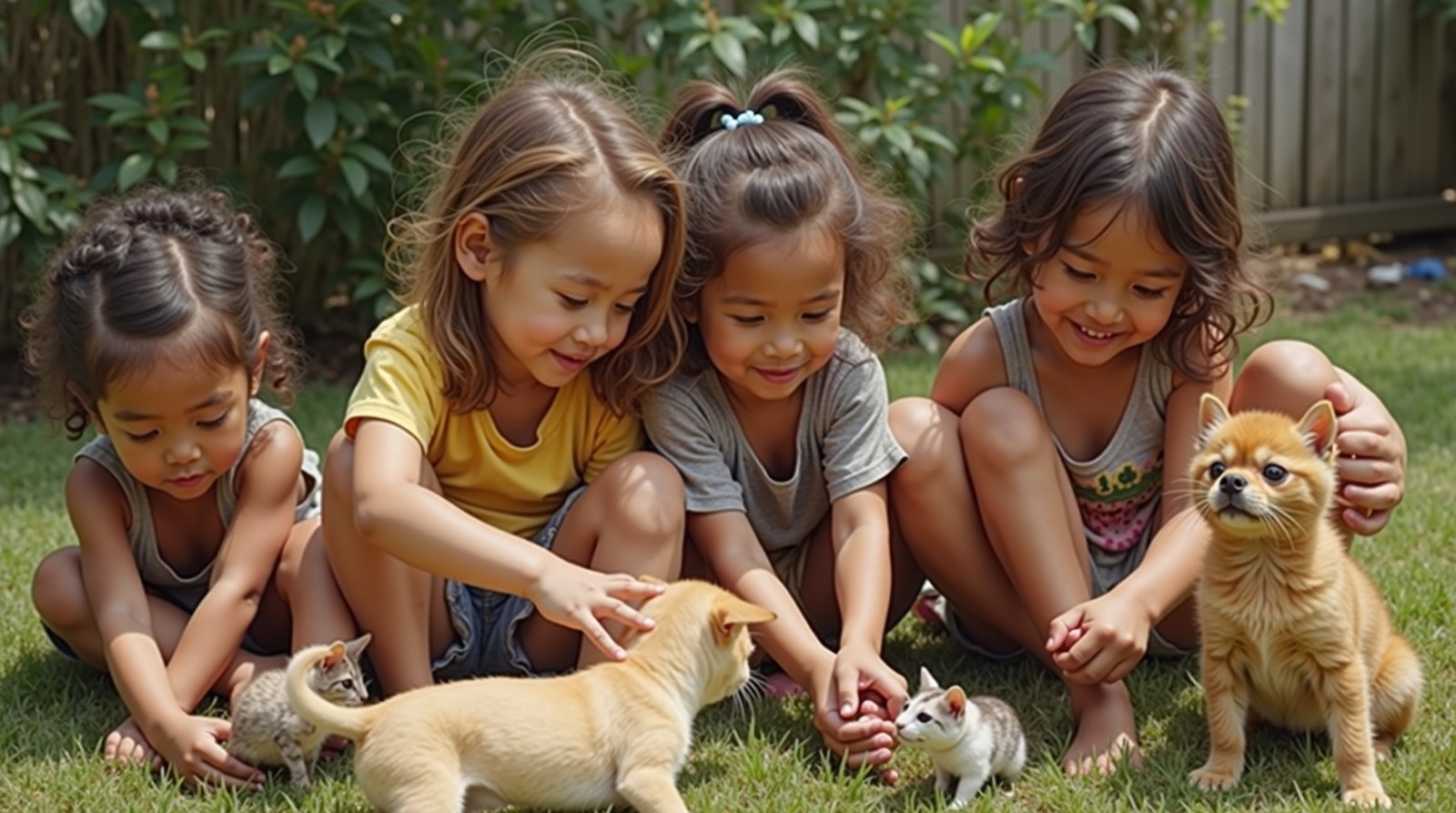 Por Que Certos Animais Domésticos São Perfeitos para Crianças 1 Crianças brincando com animais domésticos no quintal