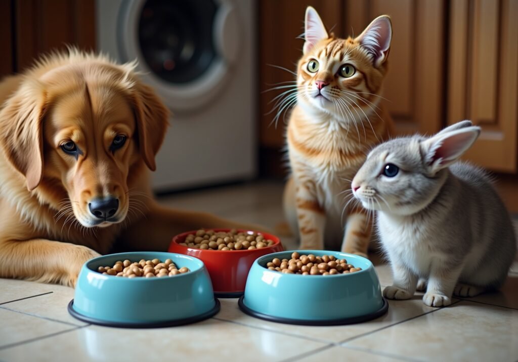 A diverse group of pets including a dog cat and rabbit all gathered around di 1778863173