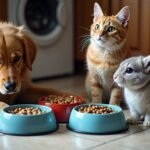 A diverse group of pets including a dog cat and rabbit all gathered around di 1778863173