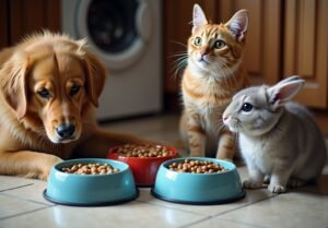 A diverse group of pets including a dog cat and rabbit all gathered around di 1778863173