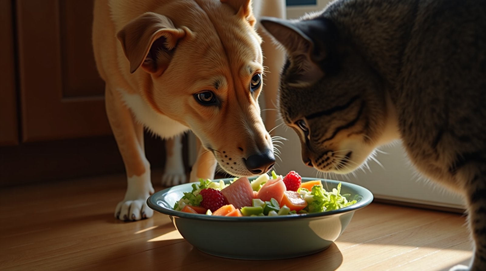 A happy dog and cat sharing a bowl of fresh, colorful, natural food on a clean kitchen floor, with sunlight streaming in. The food includes chopped vegetables, lean meat, and berries.