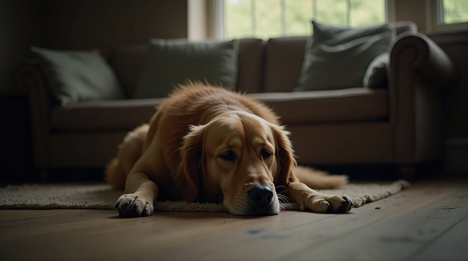 Golden retriever com expressão de tristeza e melancolia, indicando possível depressão canina