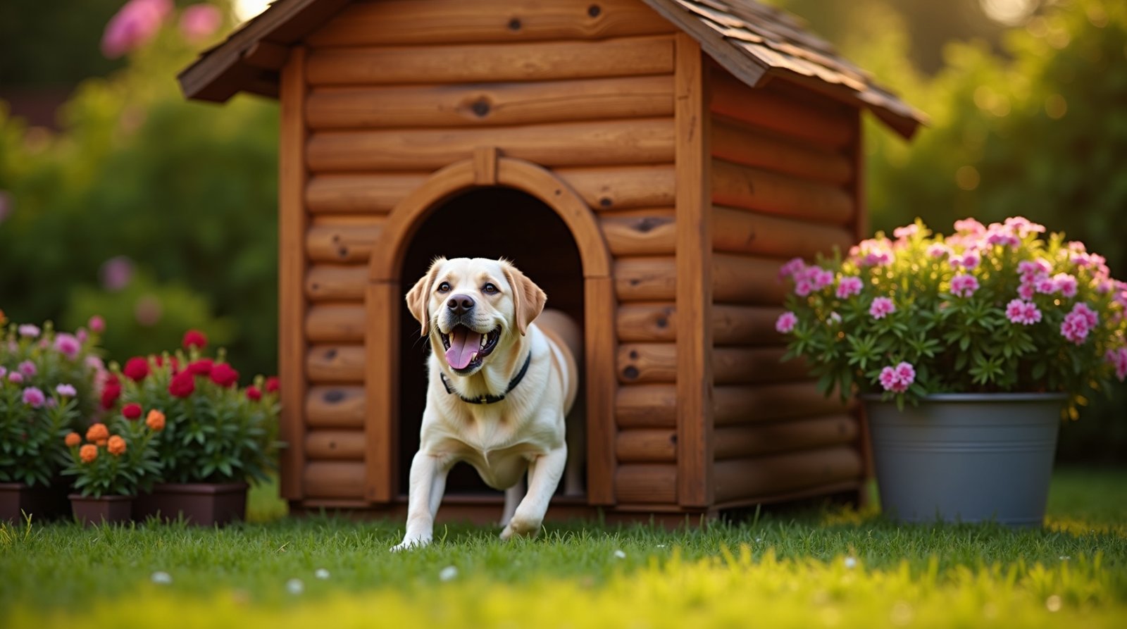 Cão entrando em casinha de cachorro de madeira