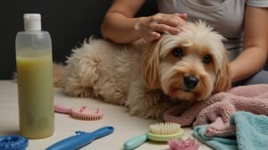 A pet owner gently grooming their dog surrounded by pet care supplies 1777937682