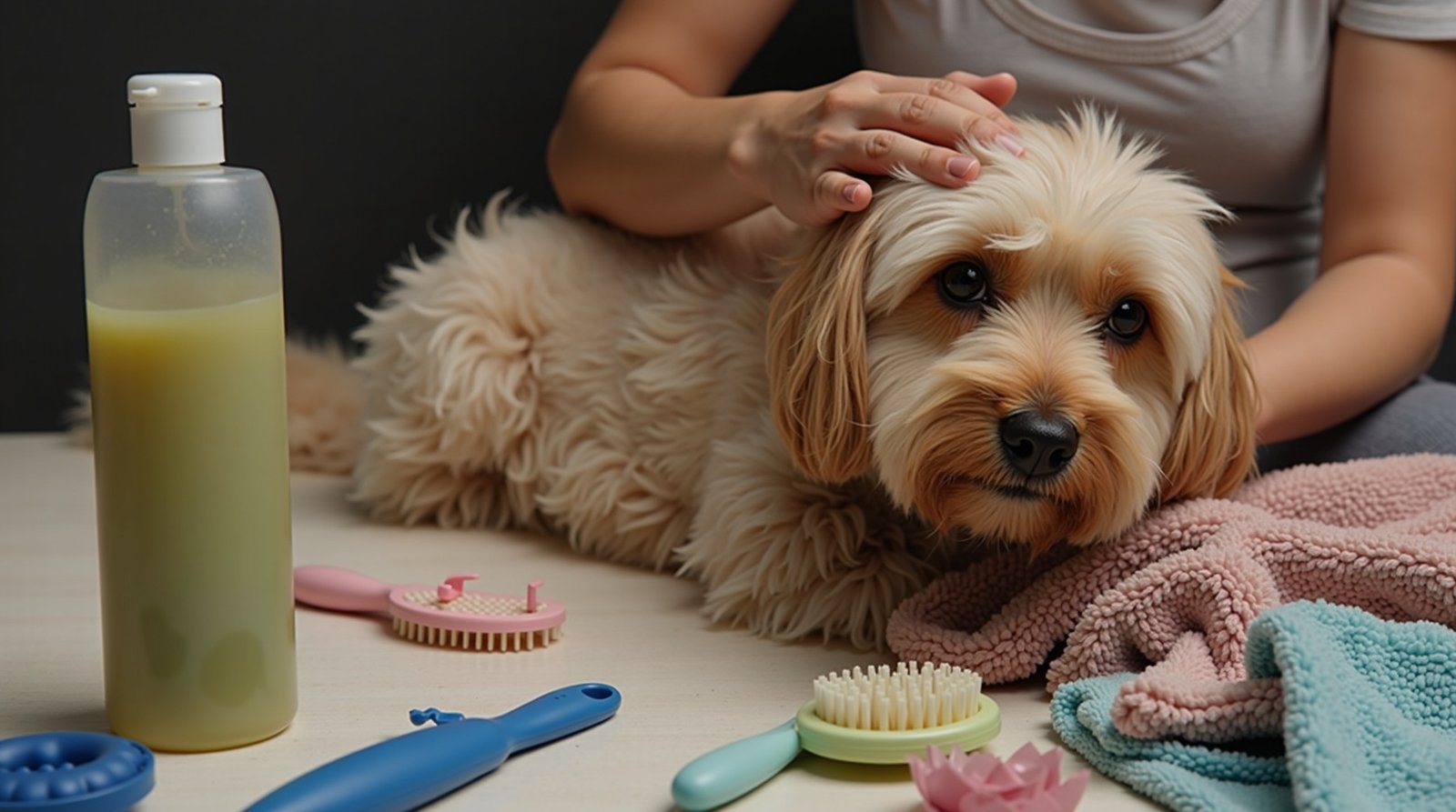 A pet owner gently grooming their dog surrounded by pet care supplies 1777937682