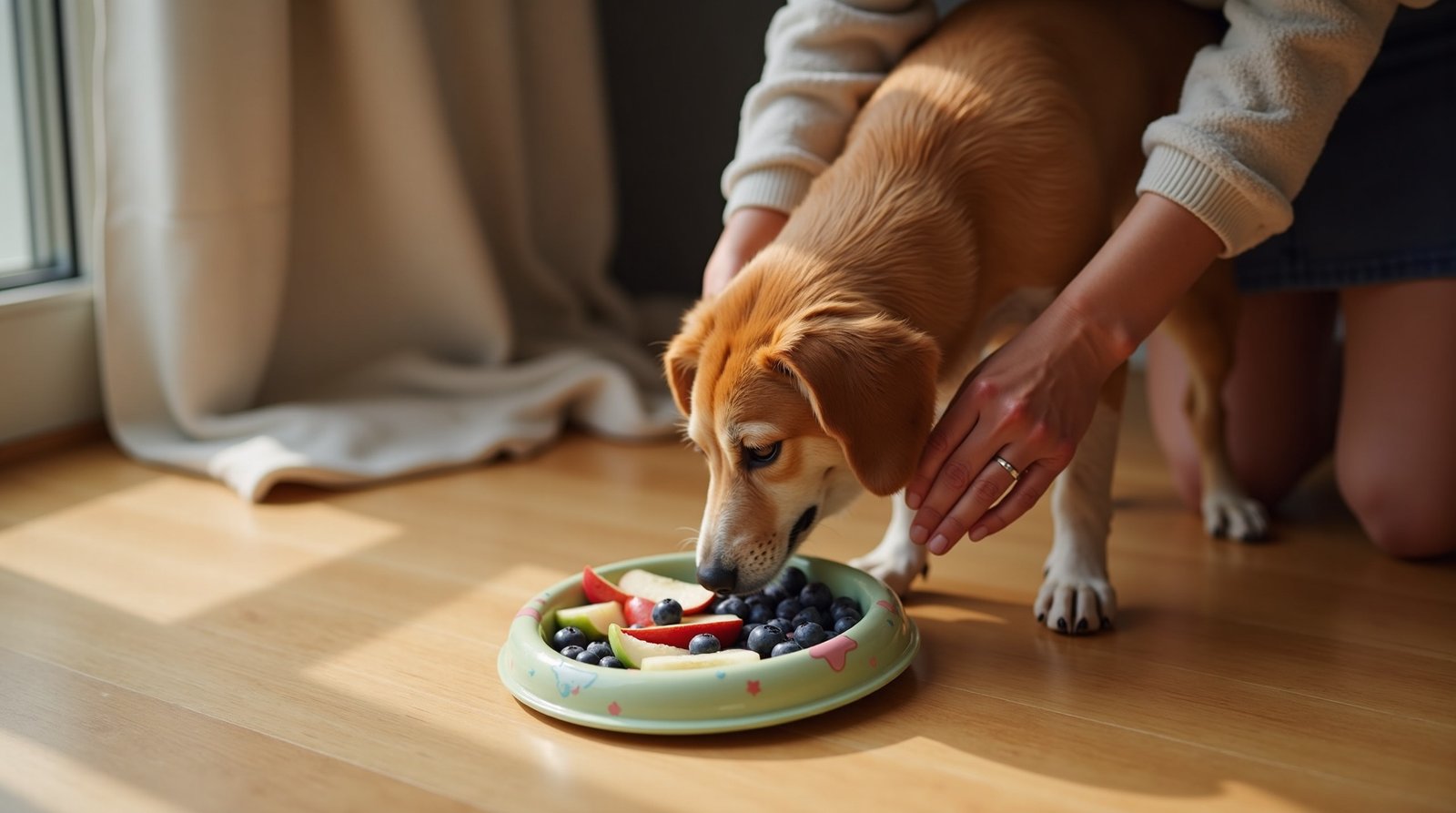 Dono oferecendo frutas seguras para o cachorro