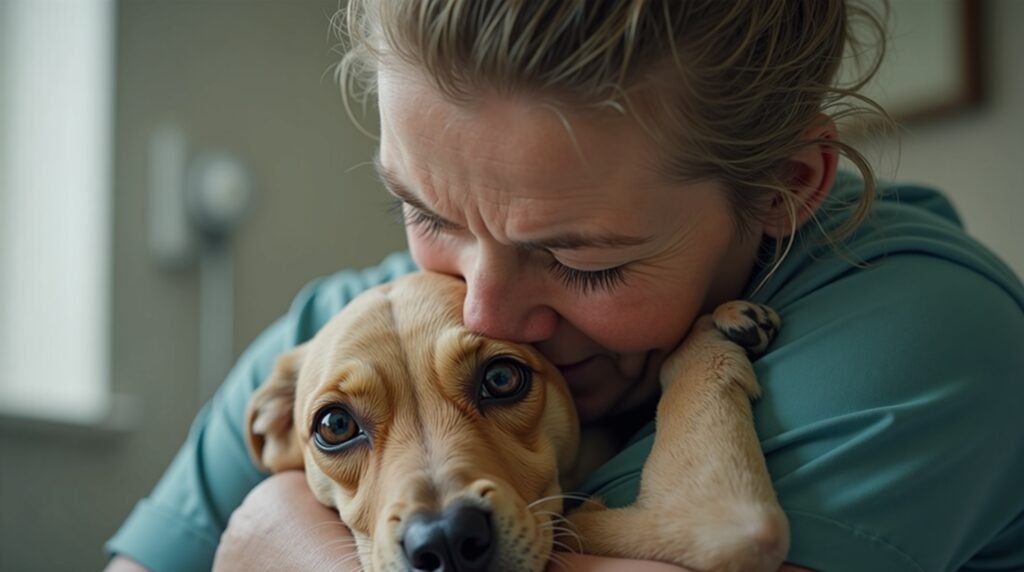 dono preocupado segurando seu cachorro na clínica veterinária