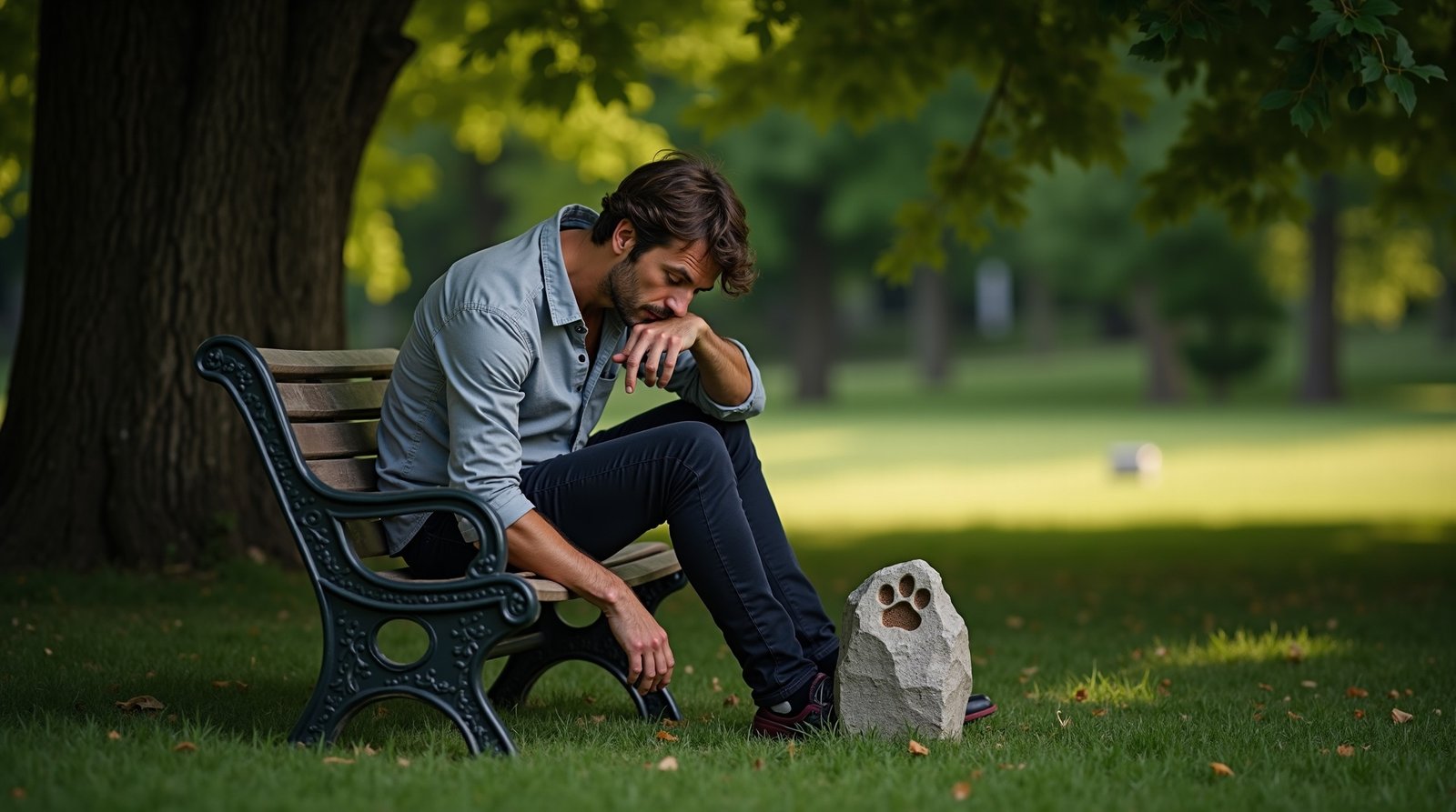 Você Não Está Sozinho: O Luto de um Pet e a Nova Perspectiva para Lidar com a Dor 3 Homem em parque, refletindo sobre a memória de um pet, simbolizando a aceitação do luto