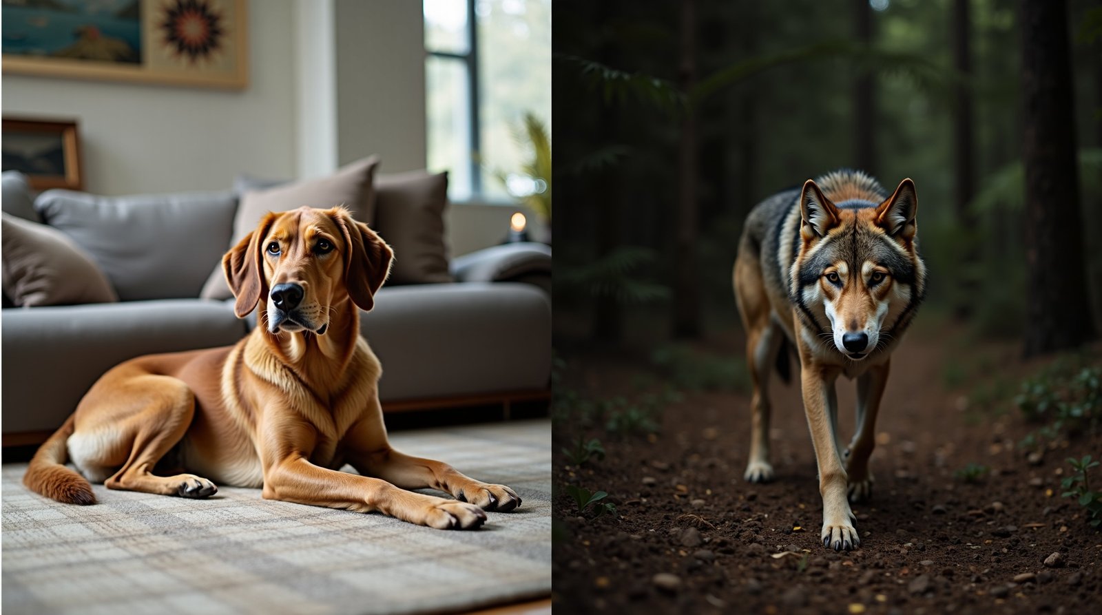 Explorando o Mundo Animal: O Que Separa os Domésticos dos Selvagens? 1 comparação entre cachorro doméstico e lobo selvagem