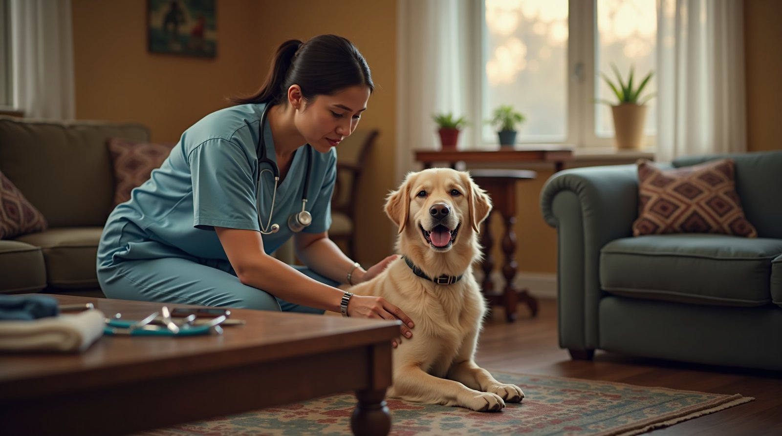 Veterinário examinando cachorro em casa