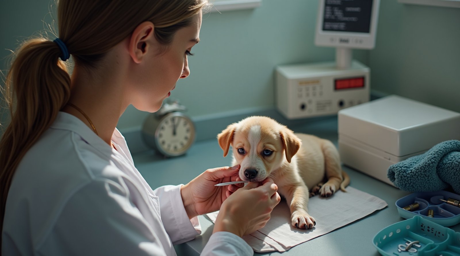 Por Que Certos Animais Domésticos São Perfeitos para Crianças 3 Veterinário microchipando cachorro em clínica