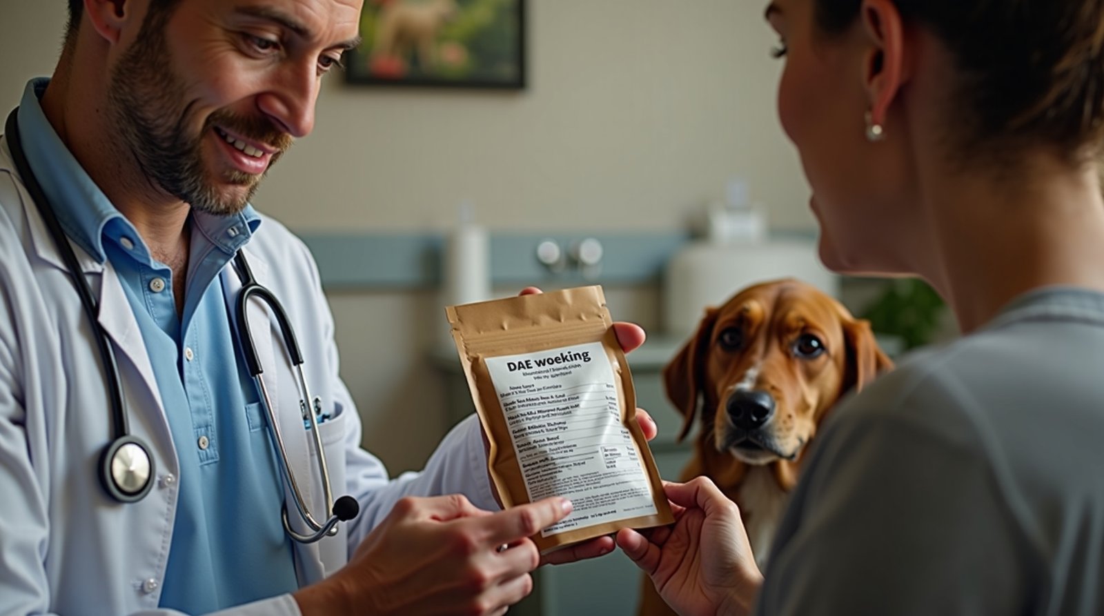 Veterinário explicando ração para dono de pet.