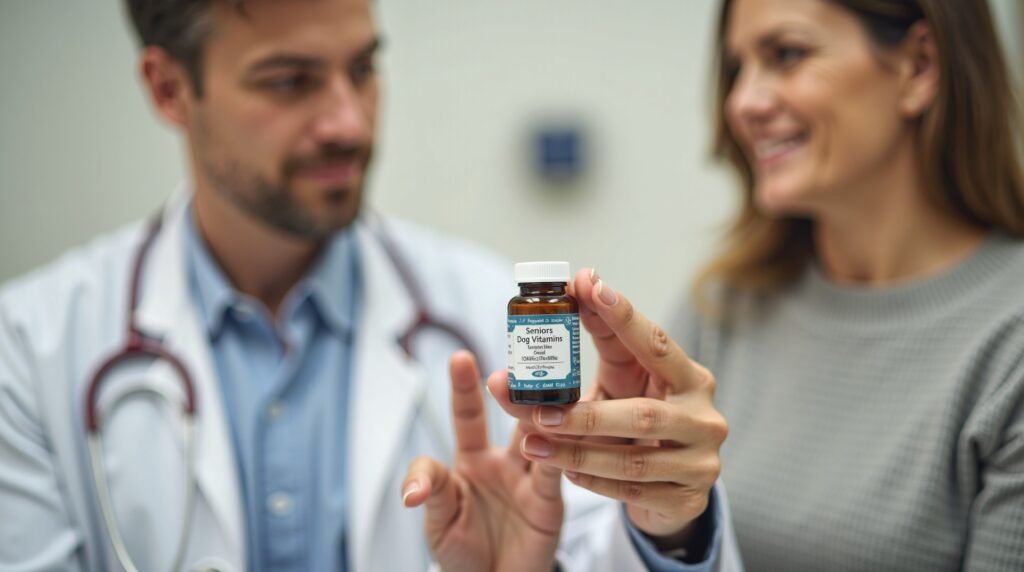 A Chave da Vitalidade: Vitaminas Essenciais Para Seu Cachorro Idoso Viver Melhor Hoje 4 Veterinário mostrando frasco de vitaminas para cães idosos a um tutor, em ambiente clínico