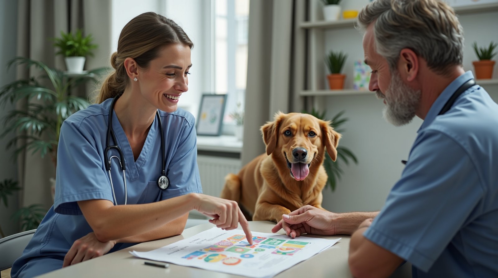  A veterinary nutritionist consulting with a pet owner, pointing to a diagram of balanced pet nutrition, with a happy dog sitting calmly beside them in a modern, clean clinic setting.