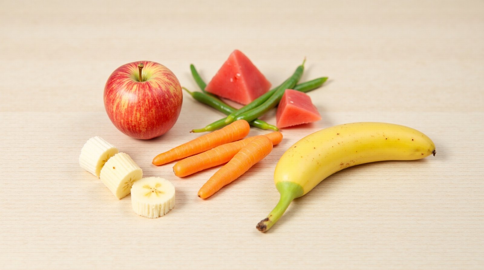 Arranjo artístico de frutas e vegetais seguros para cães, como maçã, banana, melancia, cenoura e vagem, em uma superfície de madeira clara.