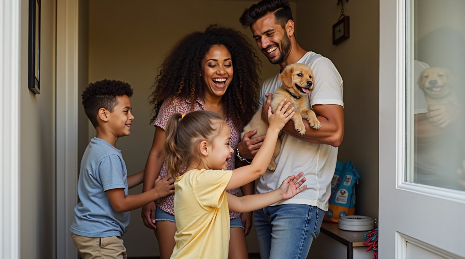 A Jornada de Ter um Pet: O Que Esperar na Primeira Vez 2 Família recebendo filhote de cachorro em casa pela primeira vez