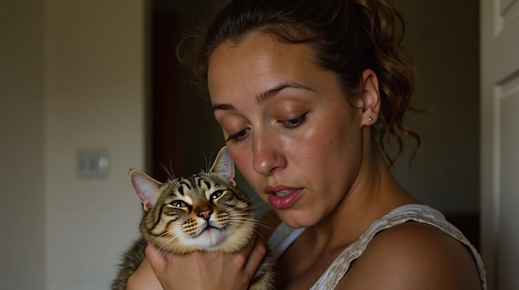 Dono aliviado segurando seu gato em casa