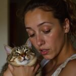Dono aliviado segurando seu gato em casa