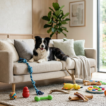Cachorro com brinquedos em sala organizada