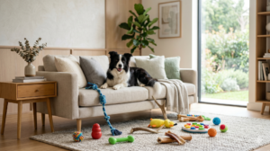 Cachorro com brinquedos em sala organizada