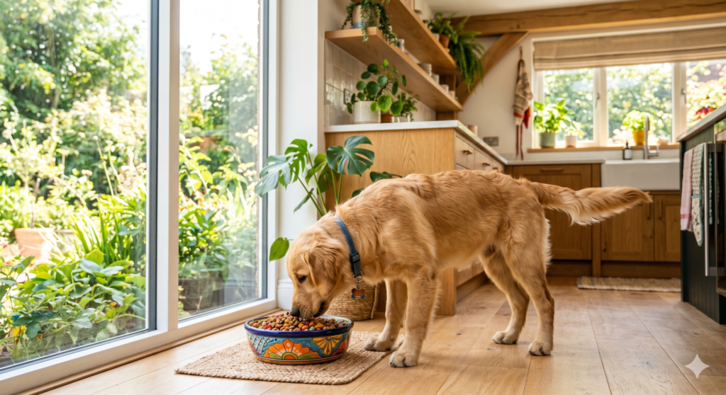 Descubra como Escolher o Saco de Ração Ideal para seu Cachorro 2 Cachorro comendo ração em cozinha moderna