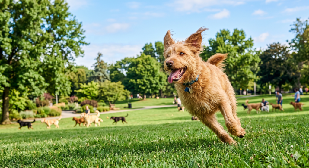 Por Que Os Cuidados Básicos São Cruciais Para a Saúde do Seu Pet 3 Cachorro correndo feliz em um parque