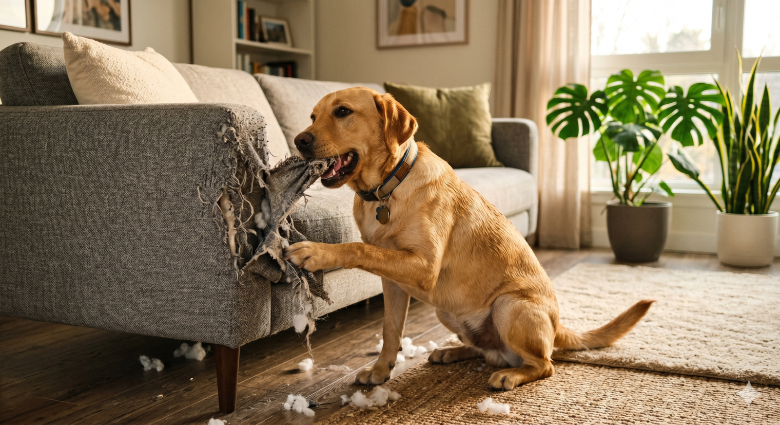Da Destruição à Harmonia: Como Mudar o Comportamento Destrutivo do Seu Cachorro 2 Cachorro destruindo sofá em sala de estar