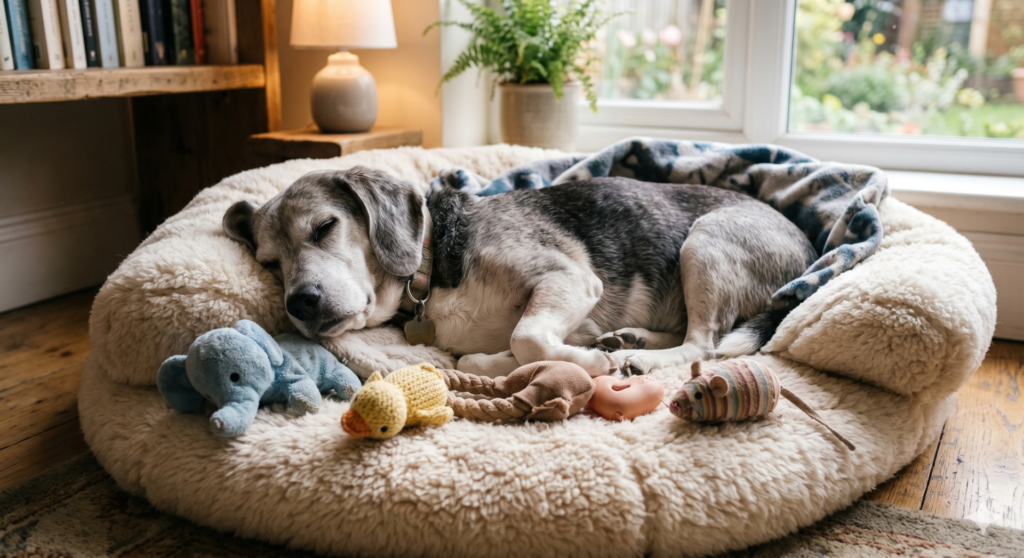 Cachorro idoso descansando em uma cama macia
