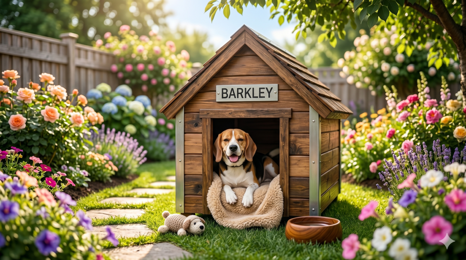 Cachorro relaxando em casinha de madeira elegante
