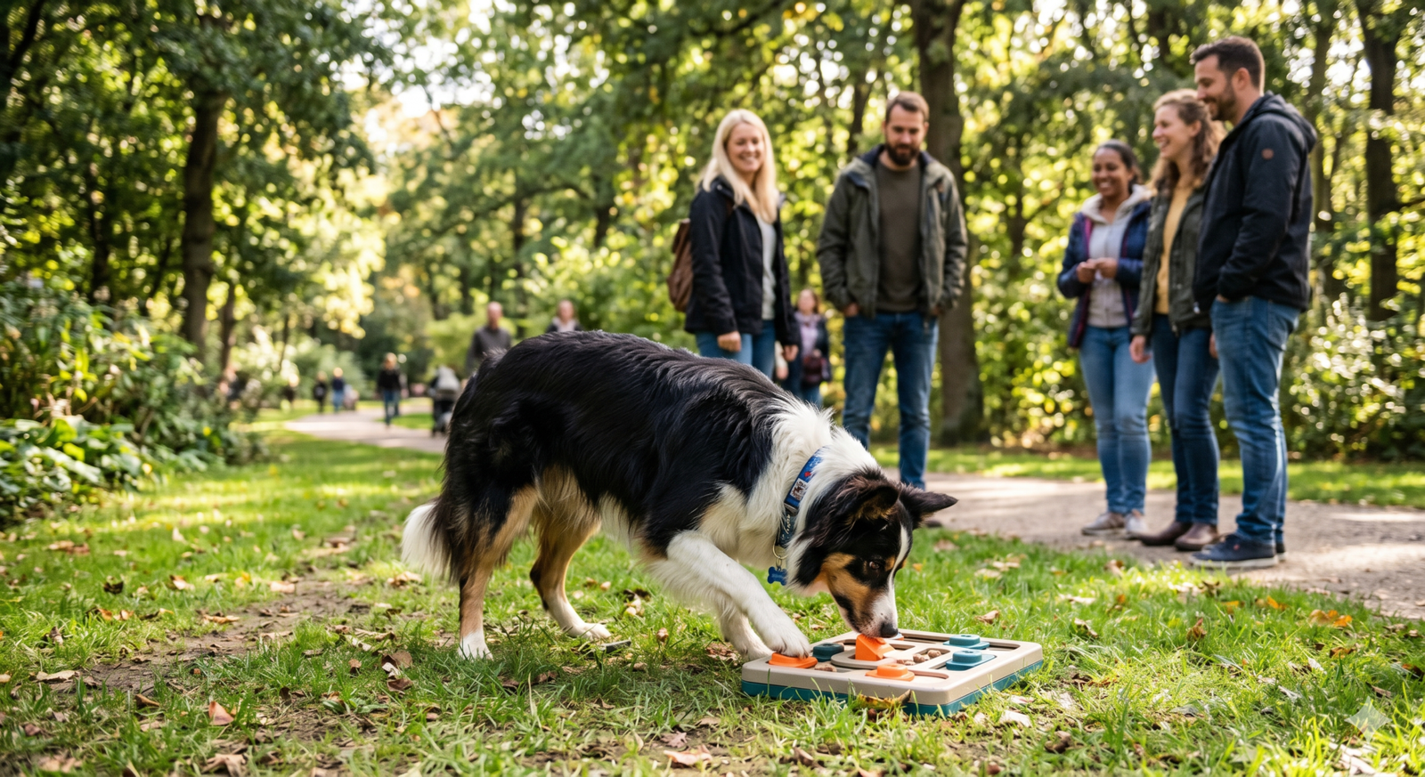 Cão border collie com brinquedo interativo em parque