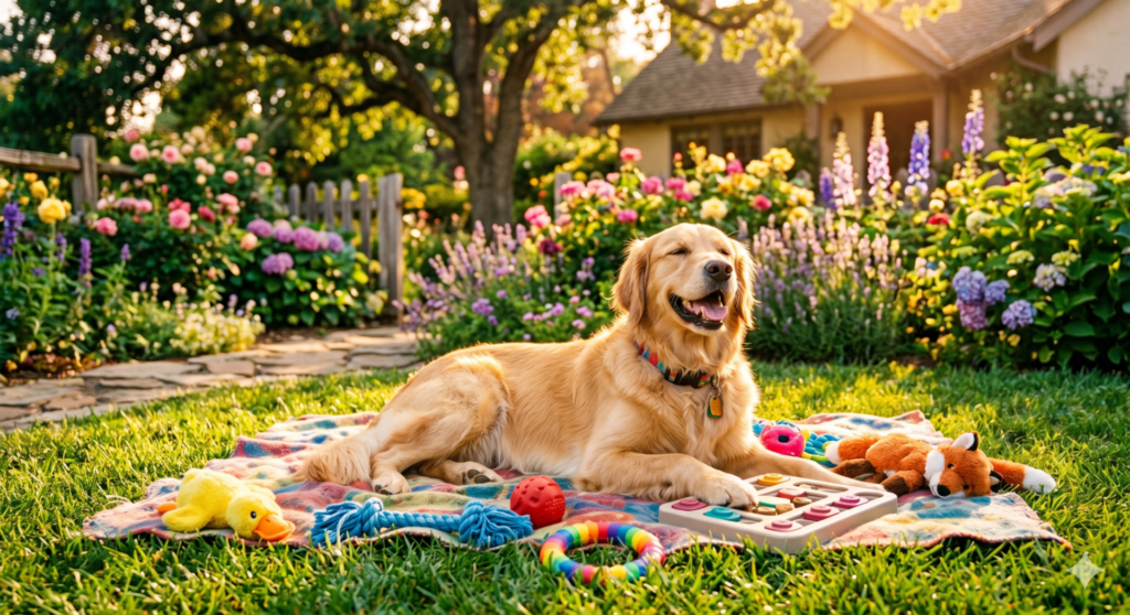 Cachorro relaxado no jardim com brinquedos interativos