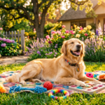 Cachorro relaxado no jardim com brinquedos interativos