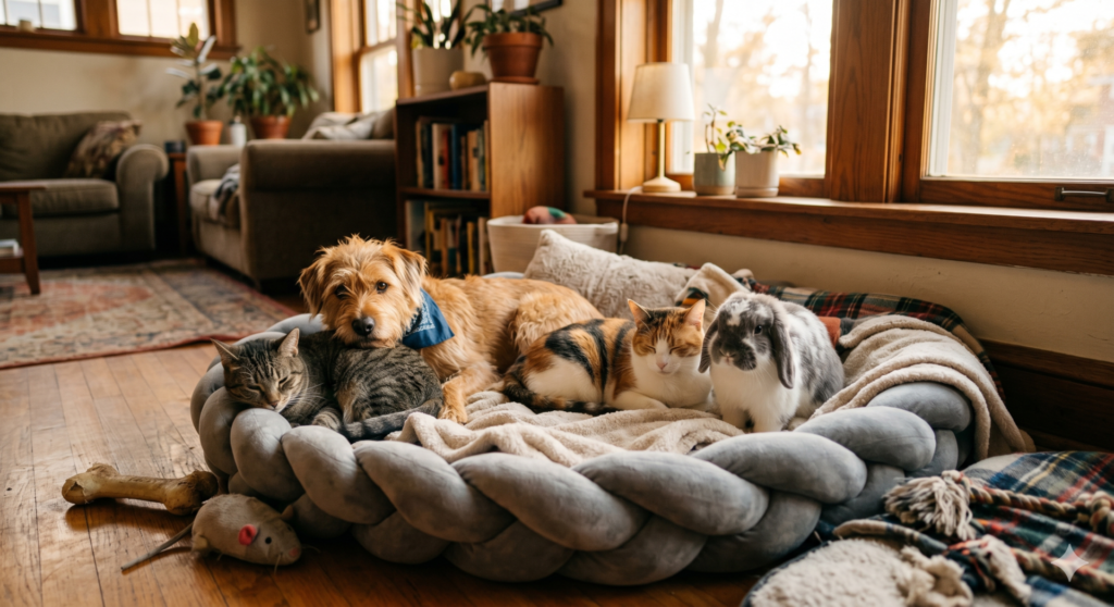 Grupo de pets em ambiente aconchegante