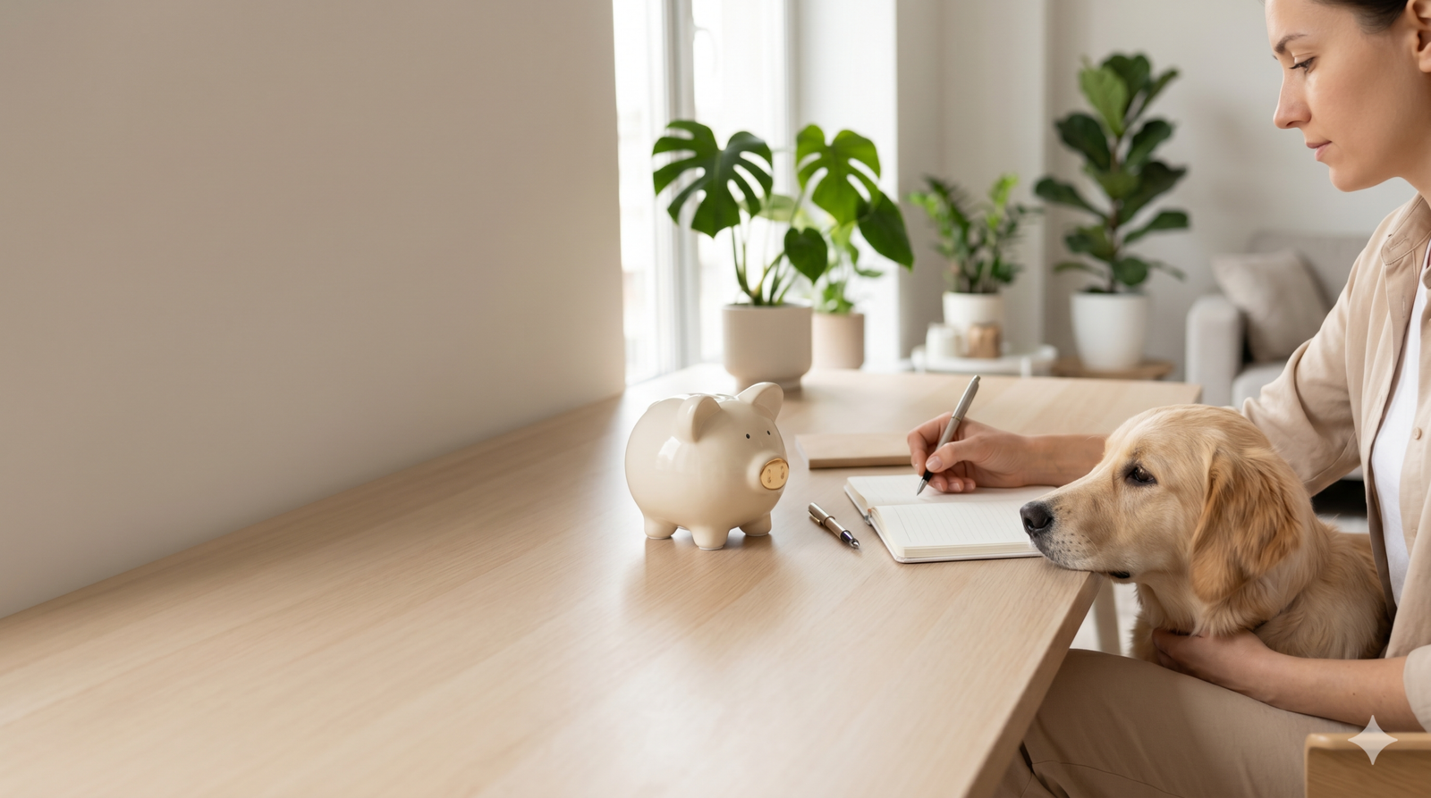 Tutor organizando finanças em uma mesa de madeira com seu cachorro de estimação calmo ao lado, representando o planejamento financeiro para ter um pet