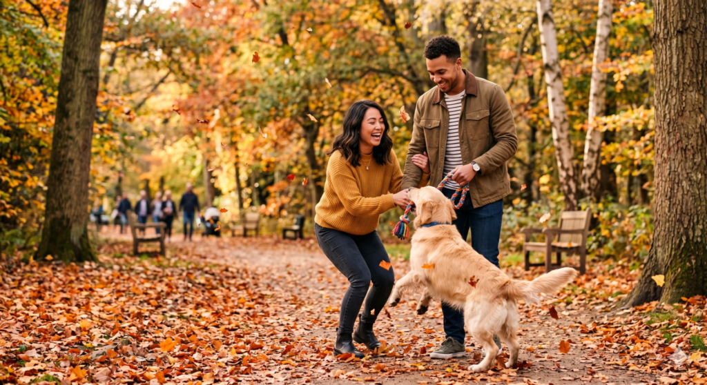 Casal com cachorro em parque no outono