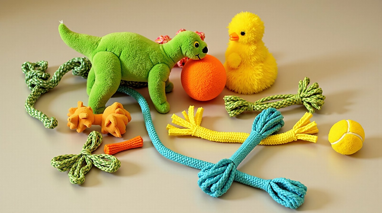 Descubra os Brinquedos Que Mantêm Seu Pet Feliz e Ocupado 33 Esta imagem apresenta uma coleção diversificada de brinquedos para animais de estimação, organizados de forma a destacar diferentes texturas, materiais e finalidades. A composição é vibrante e sugere um ambiente de diversão e estimulação.Tipos de Brinquedos
Pelúcias e Soft Toys: No centro e nas laterais, vemos brinquedos macios, incluindo personagens fofos como um dinossauro verde e um pequeno urso ou criatura peluda. Esses brinquedos são ideais para conforto e mordidas leves.Brinquedos de Borracha e Nylon: Há uma variedade de itens duráveis, como uma galinha de borracha amarela clássica, uma bola de borracha laranja com relevos (ótima para higiene dental) e um osso de nylon resistente para mastigadores intensos.Interativos e de Corda: Estão presentes brinquedos de corda trançada, excelentes para cabos de guerra, e uma bolinha de tênis, o item essencial para atividades de busca e recuperação.Cores e Materiais
Paleta de Cores: A seleção é visualmente estimulante, com cores primárias e brilhantes como amarelo, azul, verde e laranja, contrastando com tons mais neutros de tecidos naturais.Texturas: A imagem enfatiza o contraste entre a suavidade das pelúcias, a resistência da borracha e a rugosidade das cordas, mostrando opções para diferentes estilos de brincadeira.Apresentação e Ambiente
Fundo: Os brinquedos estão dispostos sobre uma superfície clara e neutra, o que faz com que as cores de cada item se destaquem.Organização: Estão espalhados de forma dinâmica, sugerindo que acabaram de ser retirados de uma caixa de brinquedos ou preparados para uma sessão de diversão.A imagem comunica uma sensação de cuidado e bem-estar, oferecendo múltiplas formas de entretenimento e gasto de energia para um pet.