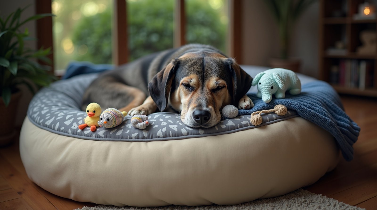 Descubra os Brinquedos Que Mantêm Seu Pet Feliz e Ocupado 17 Esta imagem captura uma cena serena e reconfortante de um cão idoso desfrutando de um descanso profundo. Aqui está uma descrição detalhada dos elementos:O Cão
Aparência: Um cão de porte médio a grande com pelagem mesclada em tons de cinza, preto e branco. O focinho grisalho e os olhos suavemente fechados indicam sua idade avançada e um estado de total tranquilidade.Posição: Ele está deitado de lado, totalmente relaxado, com a cabeça apoiada confortavelmente na borda elevada da cama.O Ambiente de Descanso
Cama: Uma cama circular extremamente macia e felpuda, em tom creme ou off-white, que parece envolver o cão como uma nuvem.Manta: Uma manta com estampa azul e cinza está parcialmente sobre o corpo do cão e a cama, reforçando a sensação de aconchego.Os Brinquedos
Ao redor do cão, espalhados pela borda da cama, há vários brinquedos delicados que sugerem um cuidado afetuoso:Um elefante de pelúcia azul claro.Um pequeno patinho de crochê amarelo.Um brinquedo de corda em tons pastéis.Um ratinho de tecido listrado.O Cenário de Fundo
Iluminação: A cena é banhada por uma luz natural suave vinda de uma grande janela ao fundo, que mostra um jardim verdejante e iluminado.Interior: O ambiente é uma sala acolhedora com piso de madeira, um tapete rústico, uma planta de interior (samambaia) e uma estante de livros ao lado de um abajur aceso, criando uma atmosfera doméstica quente e pacífica.A composição transmite uma sensação de paz, dignidade e conforto para um animal de estimação em seus anos dourados