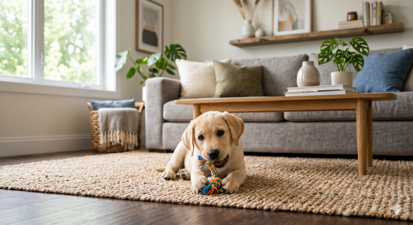 Filhote de Labrador com brinquedo em sala moderna