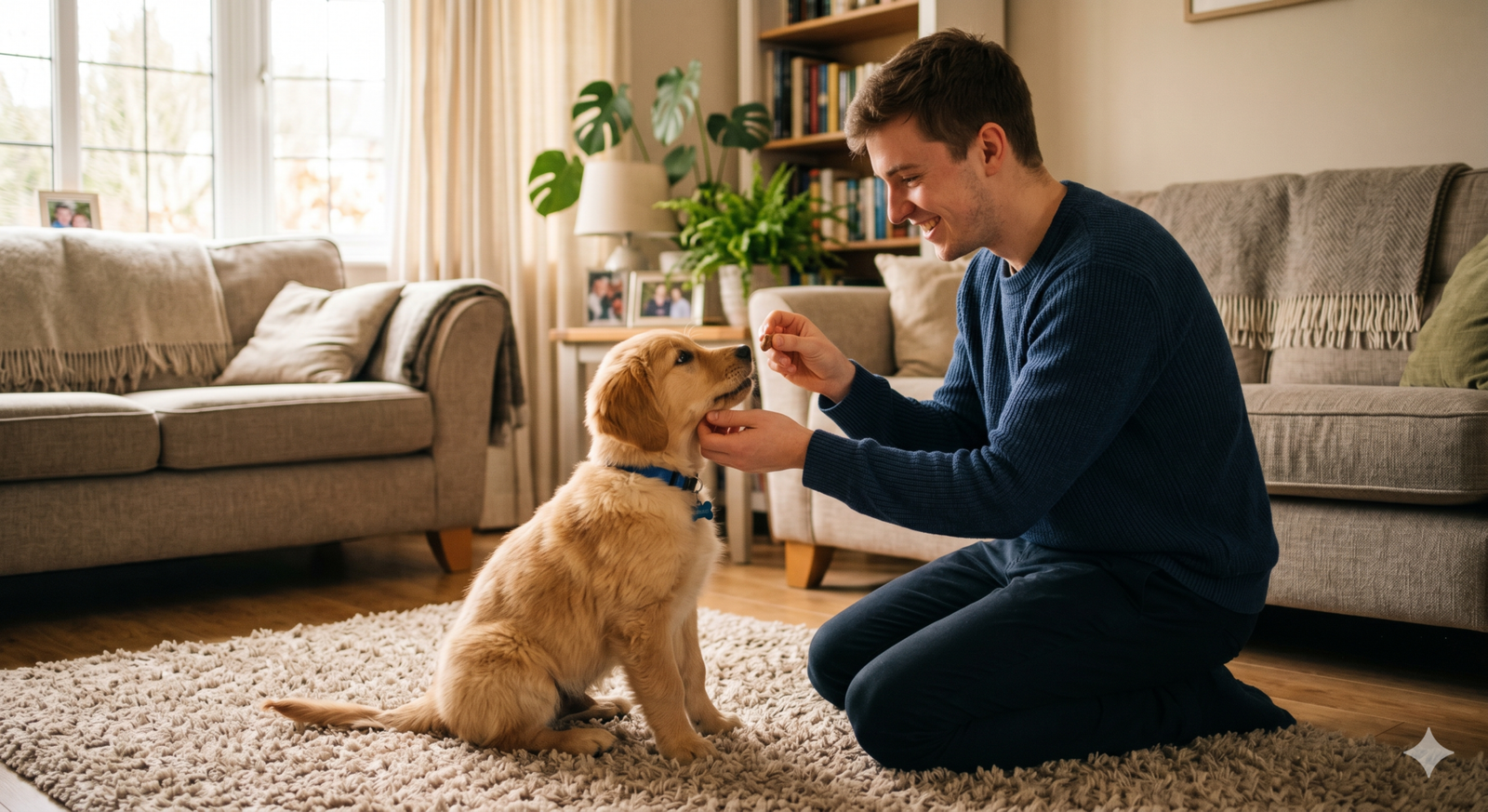 O que muda na sua vida ao adotar um pet: guia realista 2 Filhote de cachorro recebendo adestramento em casa