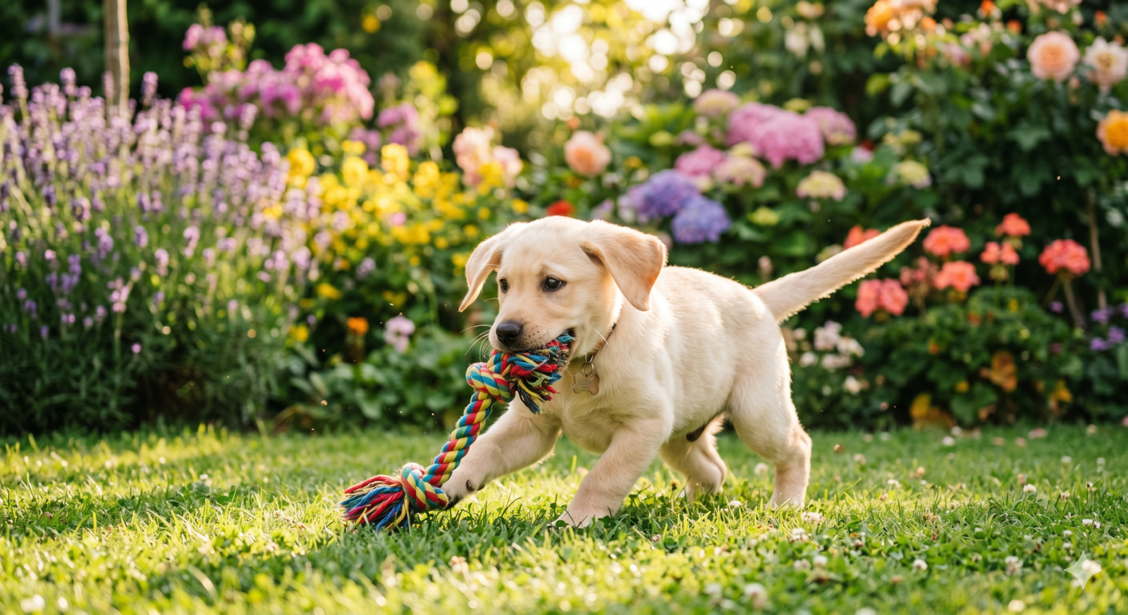 Filhote de labrador brincando com brinquedo no jardim