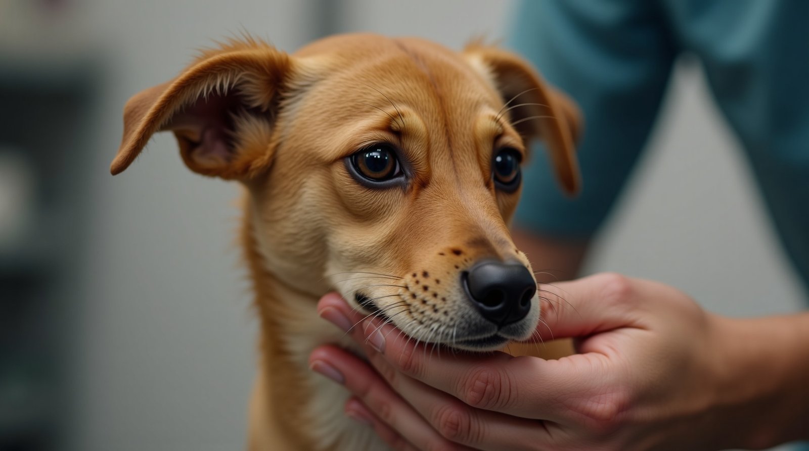Por Que o Cachorro Caramelo Está Conquistando Corações Este Mês? 3 Foto de um cachorro caramelo em uma clínica veterinária, recebendo cuidados profissionais.