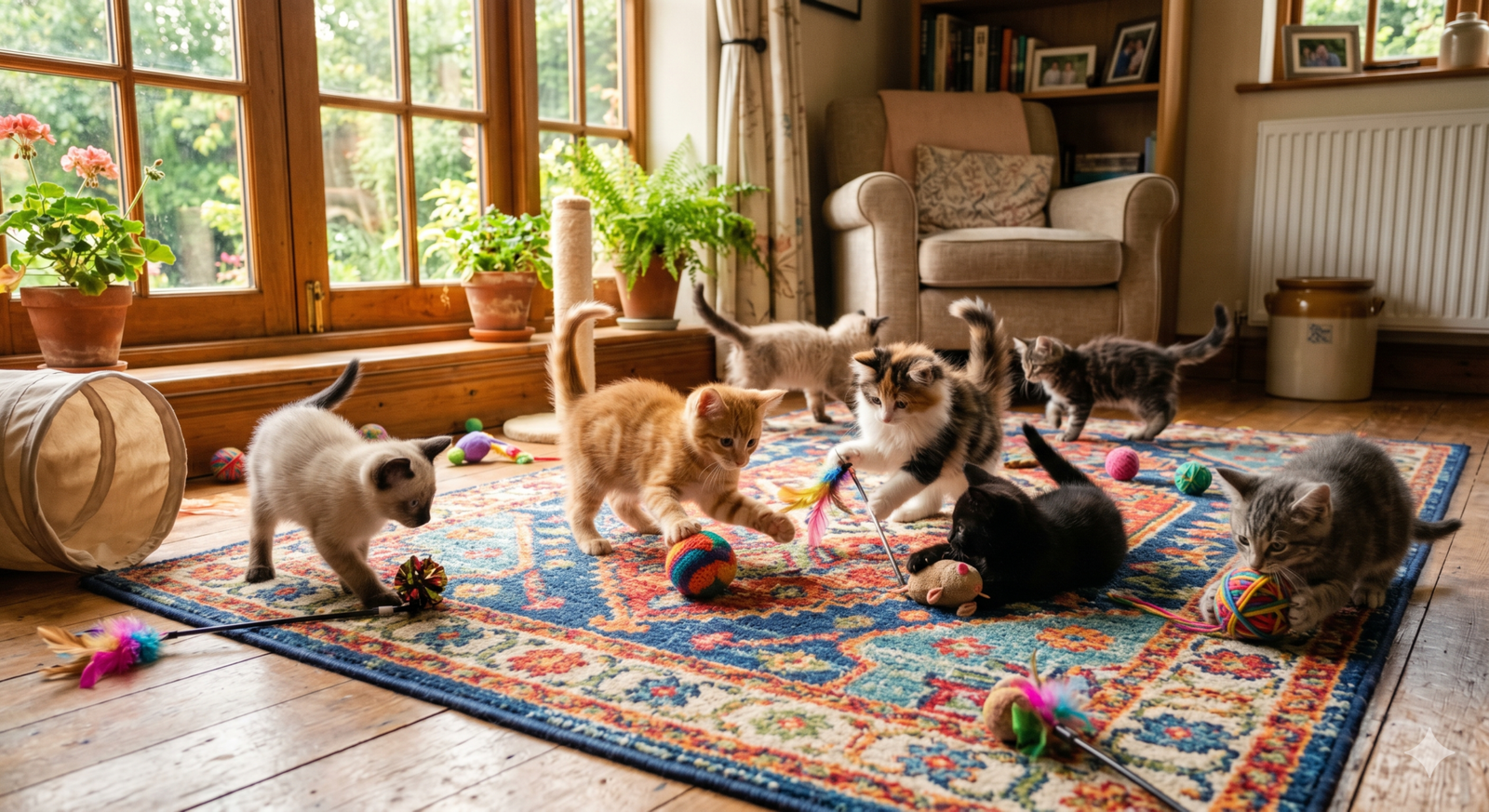 Nova Versão: Transforme a Rotina do Seu Gato com Cuidados Iniciais Perfeitos 3 Gatinhos brincando em tapete com brinquedos