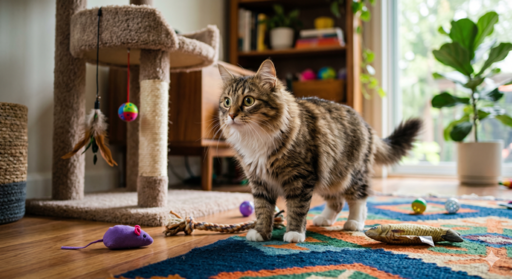 Gato explorando ambiente doméstico com brinquedos