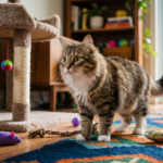 Gato explorando ambiente doméstico com brinquedos