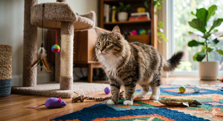 Gato explorando ambiente doméstico com brinquedos