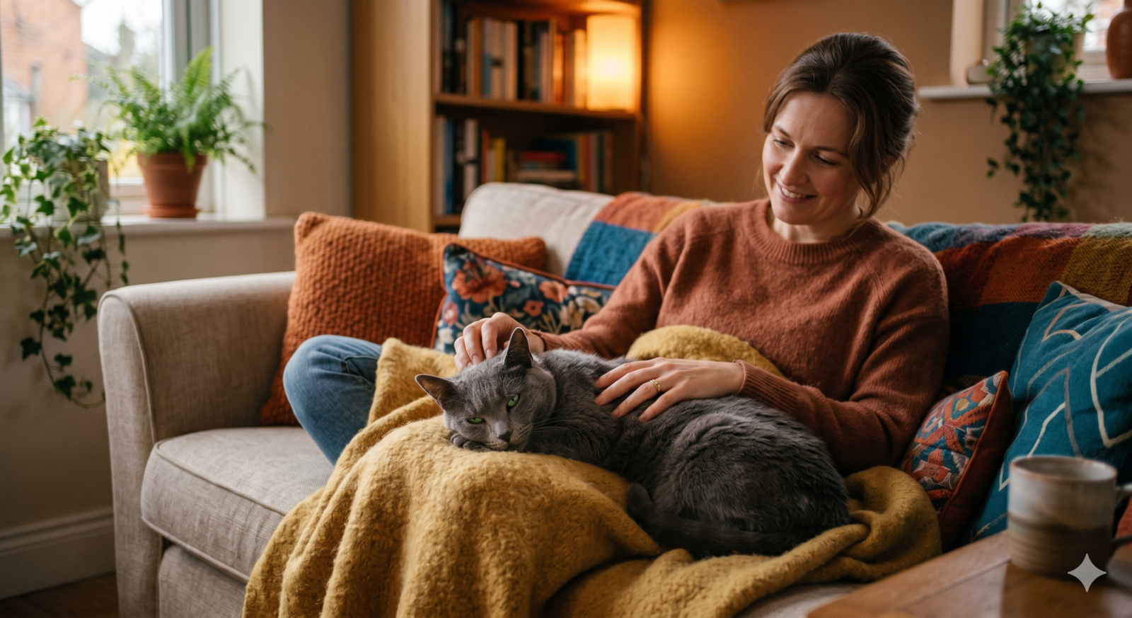 O que muda na sua vida ao adotar um pet: guia realista 4 Gato relaxando no colo de uma tutora em ambiente aconchegante