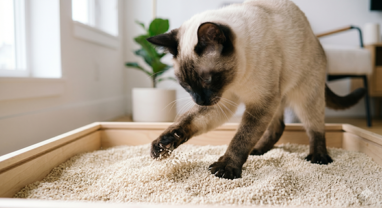Alerta no lar: areia de mandioca promete mais higiene para gatos 2 Gato siames escavando areia de mandioca