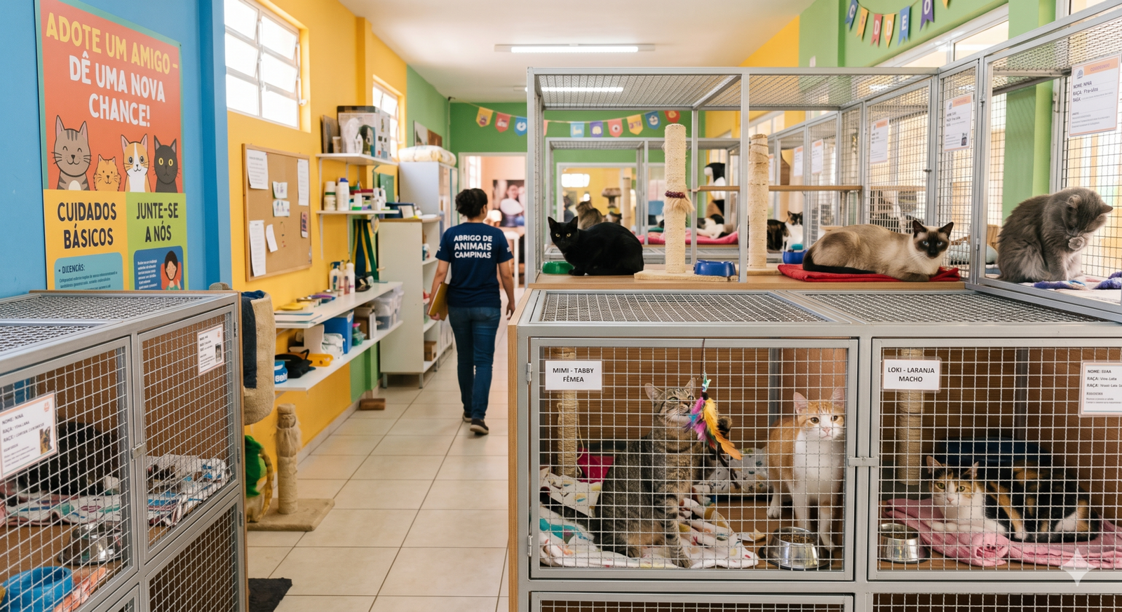 Gatos em abrigo aguardando adoção