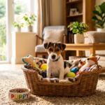 Filhote em cesta com brinquedos e ração
